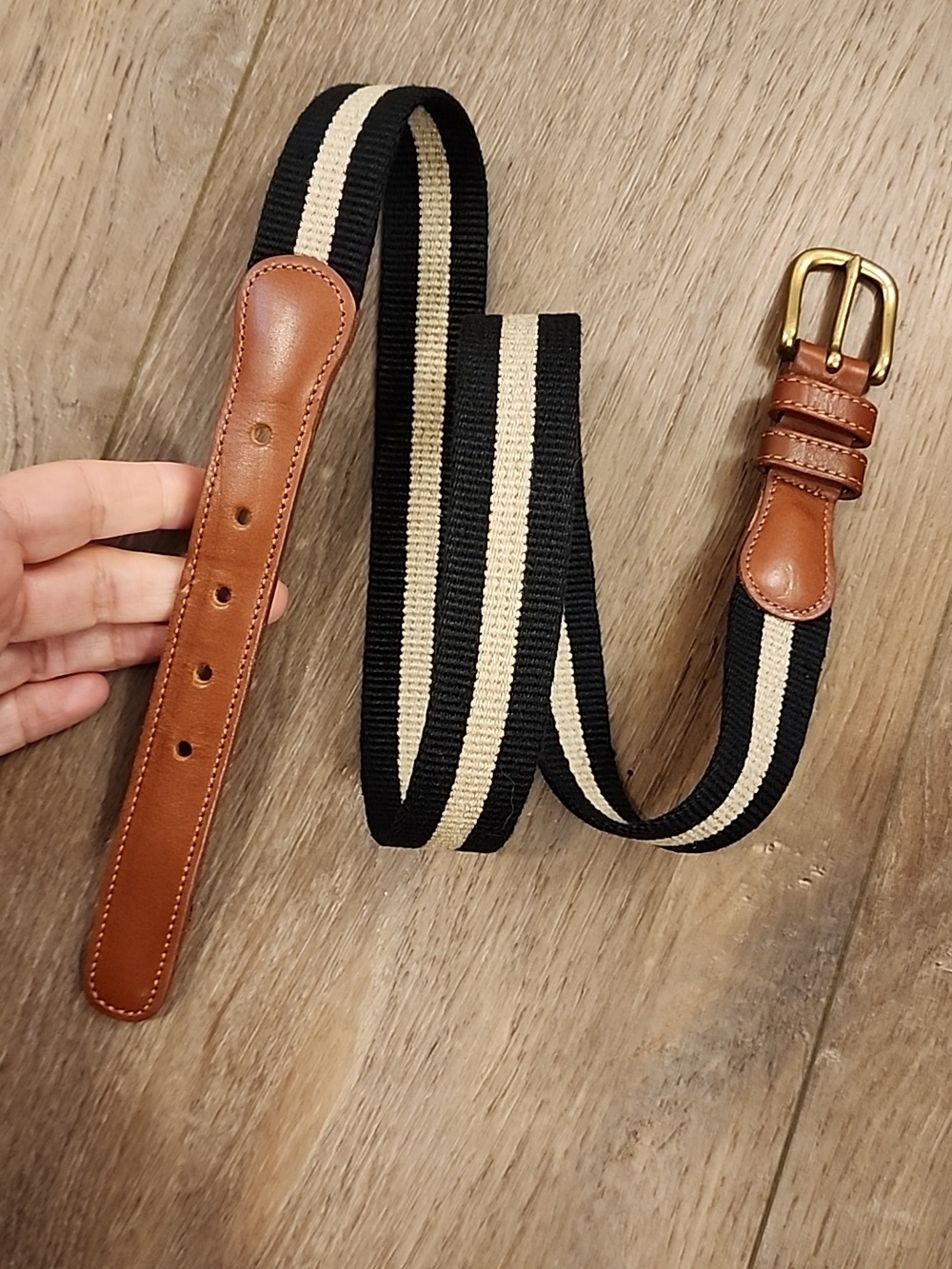 Vintage Coach Natural Linen & Leather Belt Black Tan Preppy Brass Buckle size 34